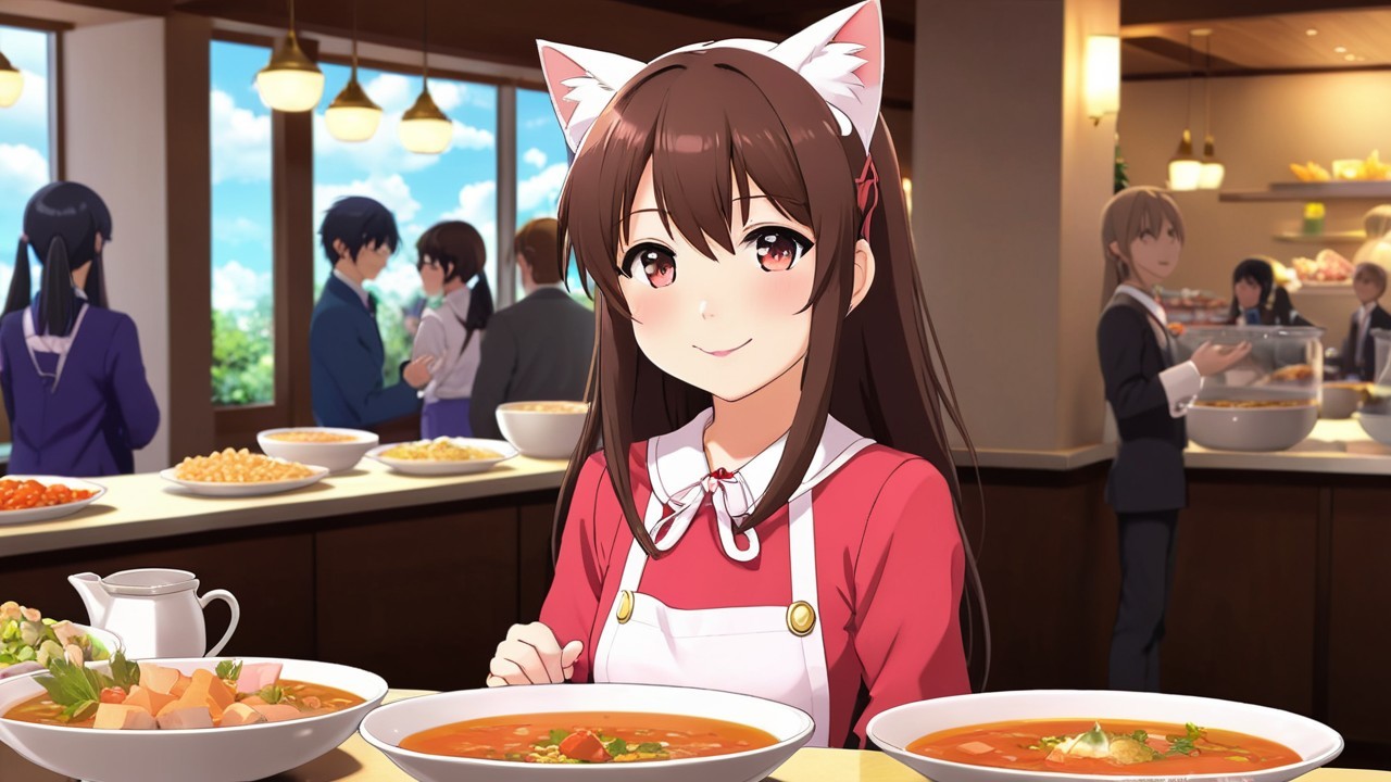 Cheerful anime girl in café with soup and greenery