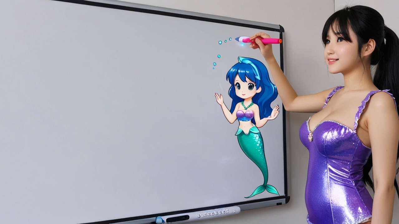 Young woman in purple with mermaid illustration on board