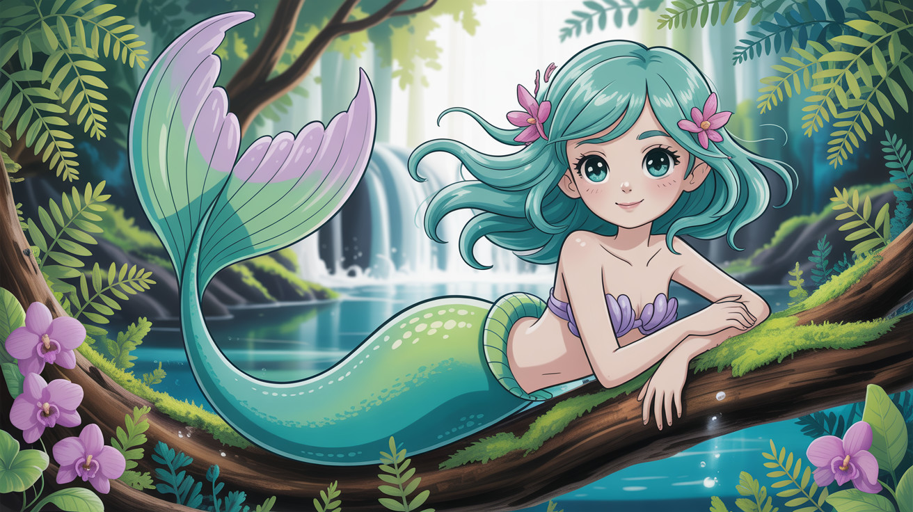 Young mermaid with blue hair by a calm blue river
