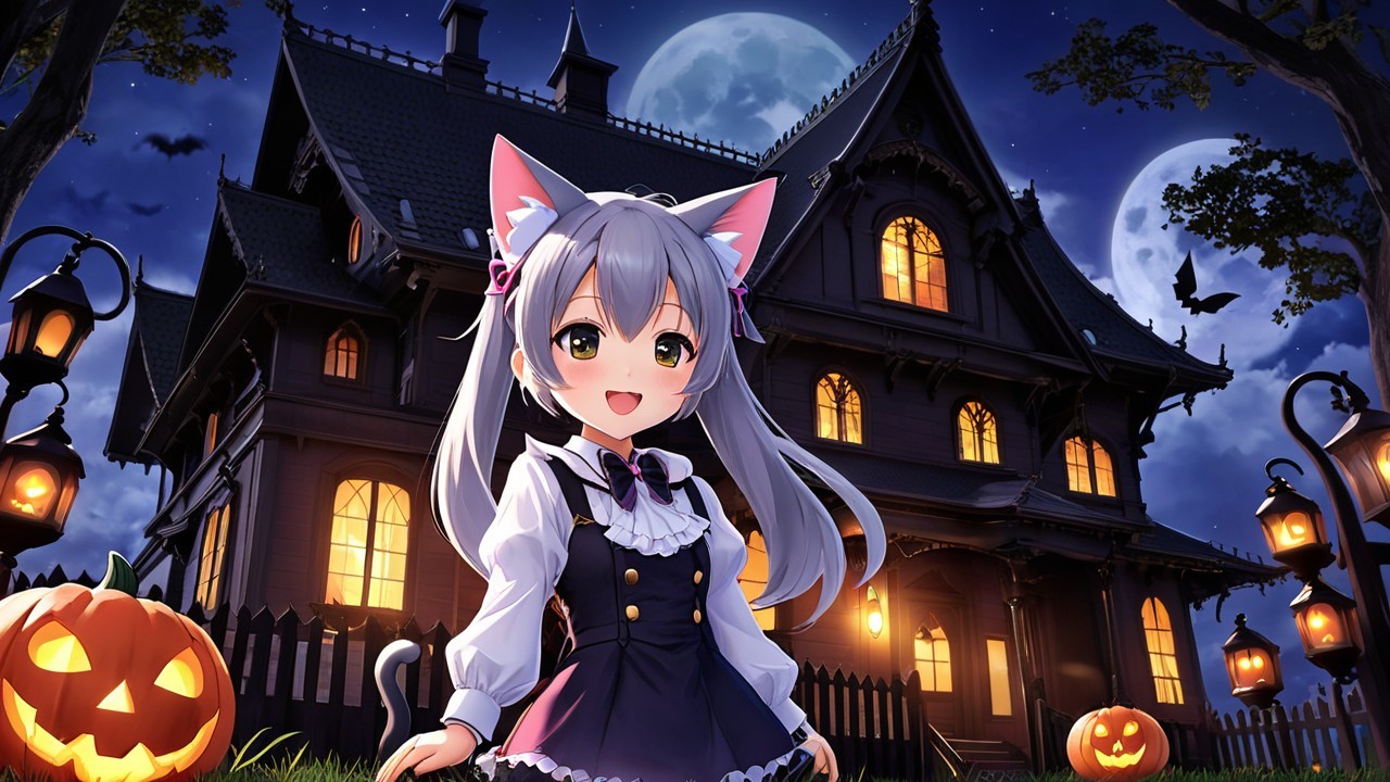 Cheerful Girl with Cat Ears at Gothic Mansion