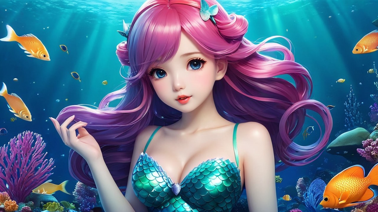 Vibrant Underwater Scene with Mermaid and Coral