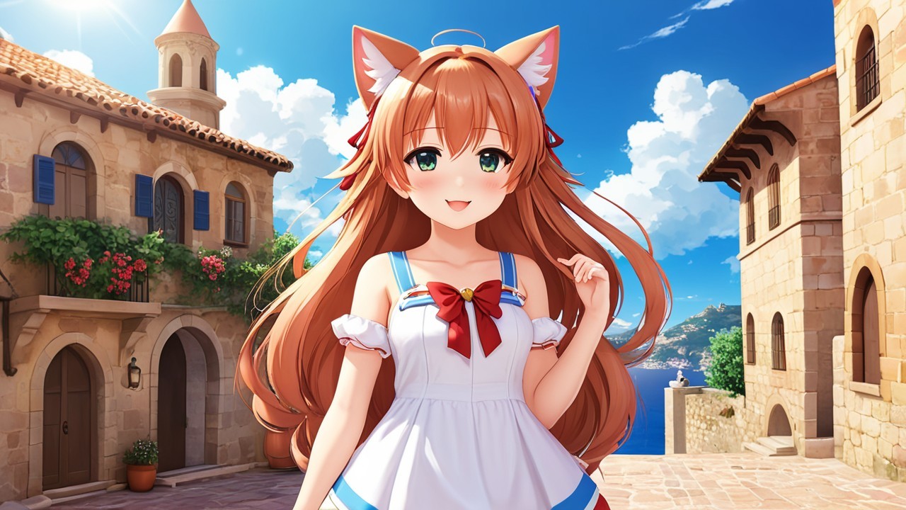 Cheerful anime girl in coastal village setting