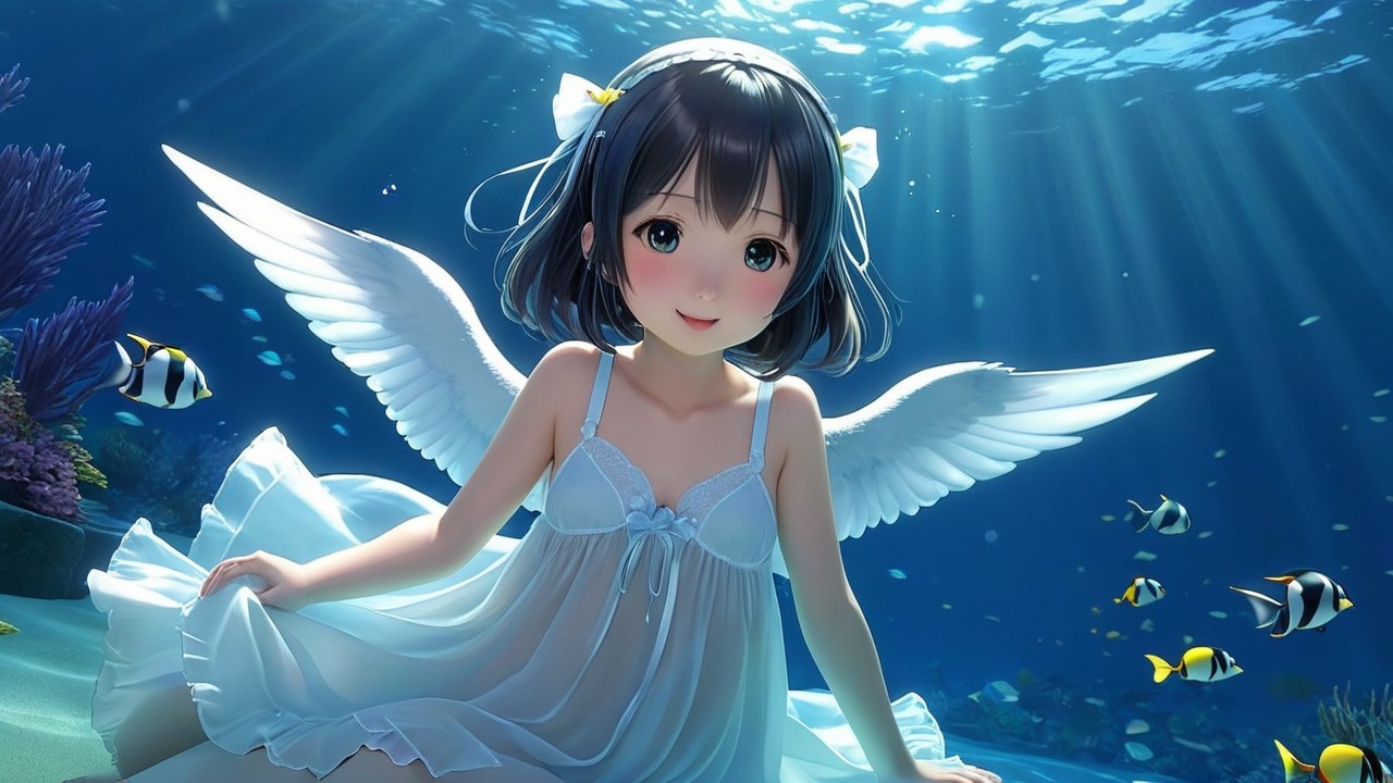 Young girl with angelic wings swimming underwater