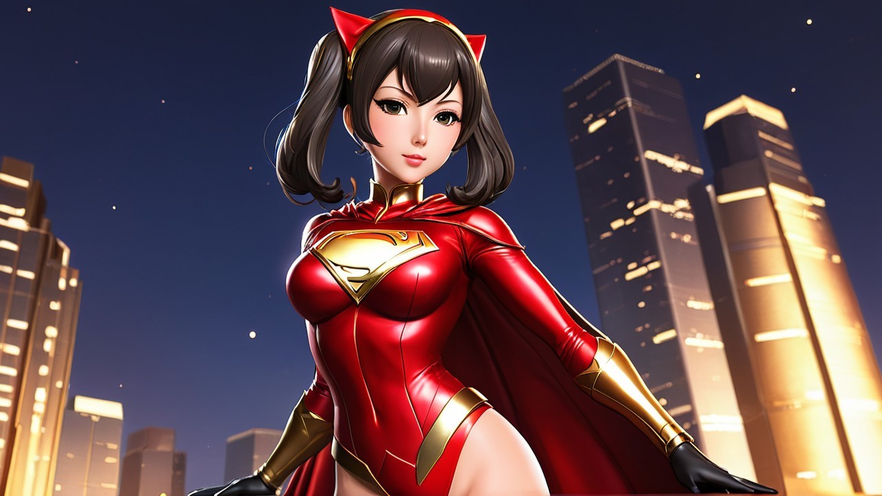 Stylized female superhero in red costume with city skyline