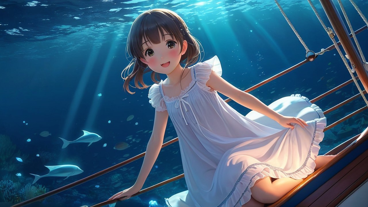 Young girl in white dress on boat in underwater scene