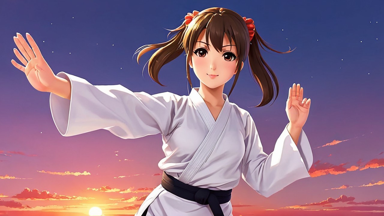 Female Martial Artist in White Gi at Sunset