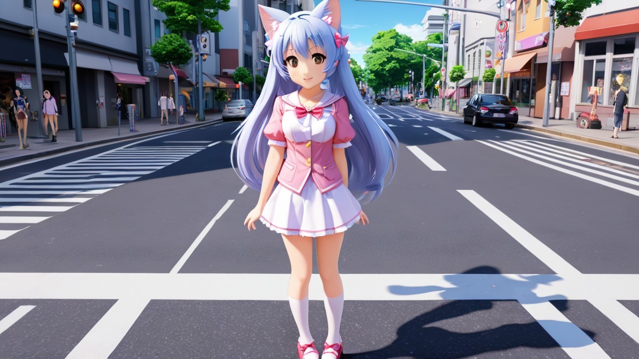 Vibrant City Street Scene with Anime Character