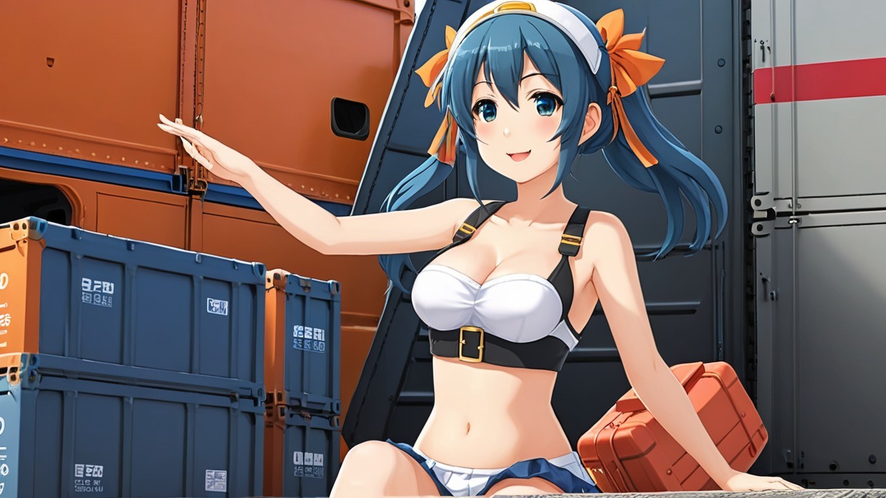 Cheerful Anime Character on Stacked Shipping Containers