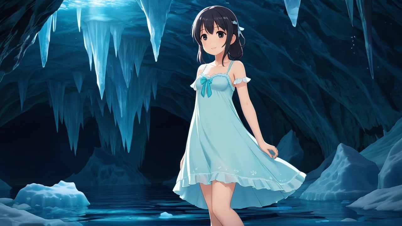 Young girl in blue dress in icy cave with icicles