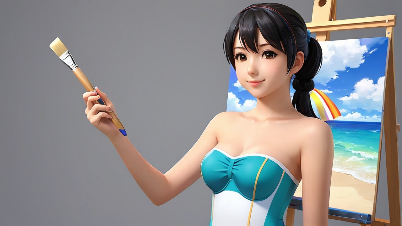 Animated Character with Easel and Beach Scene