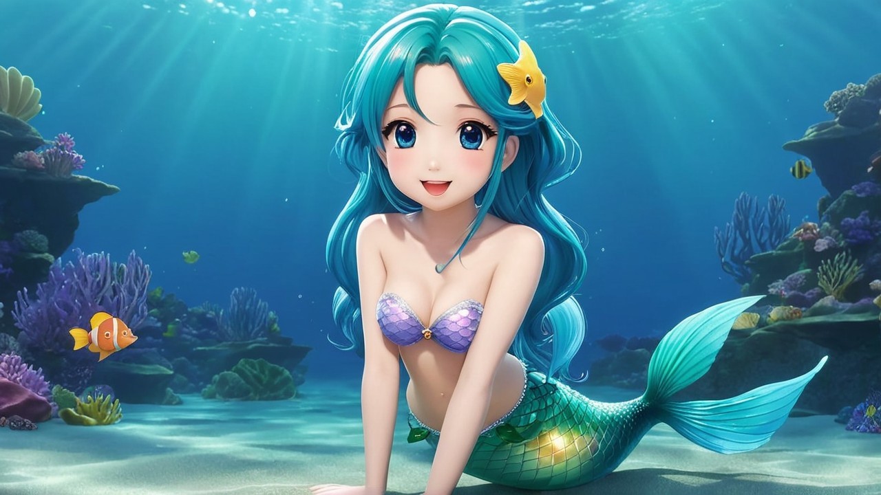 Whimsical Underwater Scene with a Cheerful Mermaid