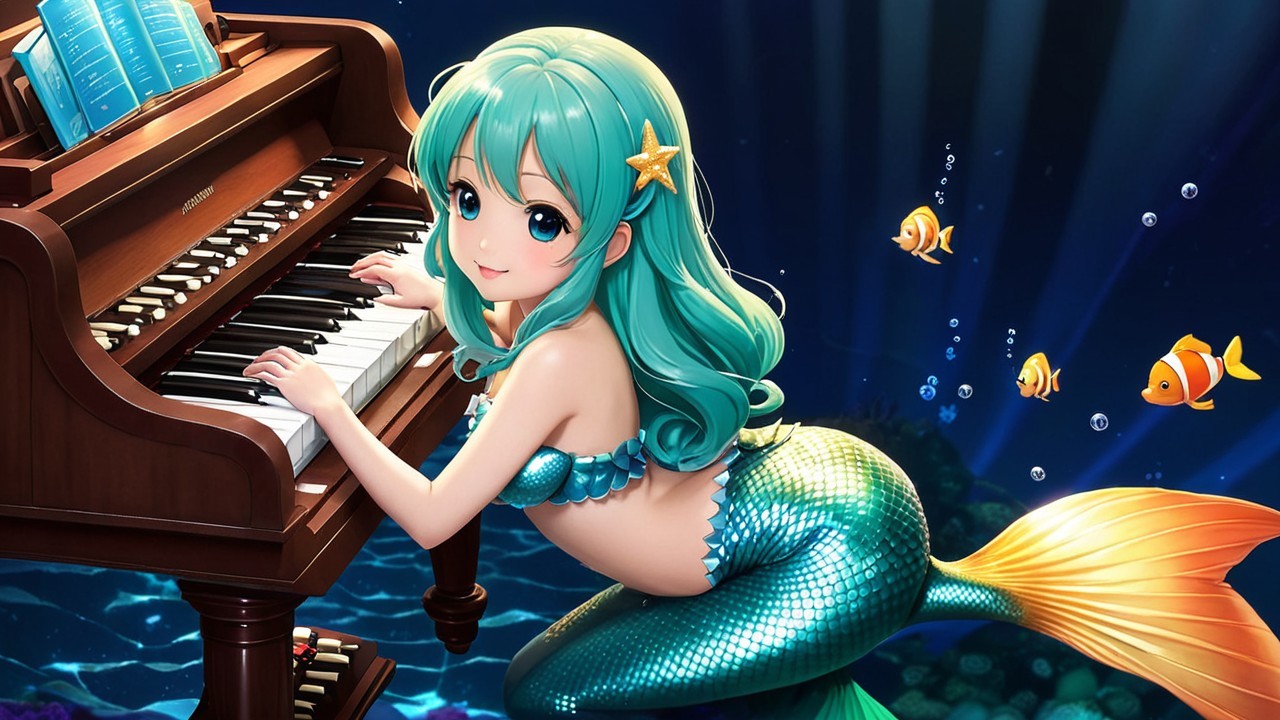 Cheerful mermaid at piano in colorful underwater scene