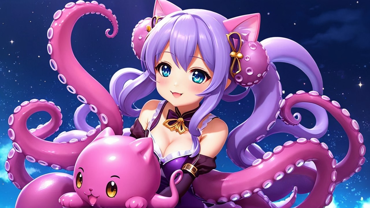 Colorful Anime Character with Cat Features and Tentacles