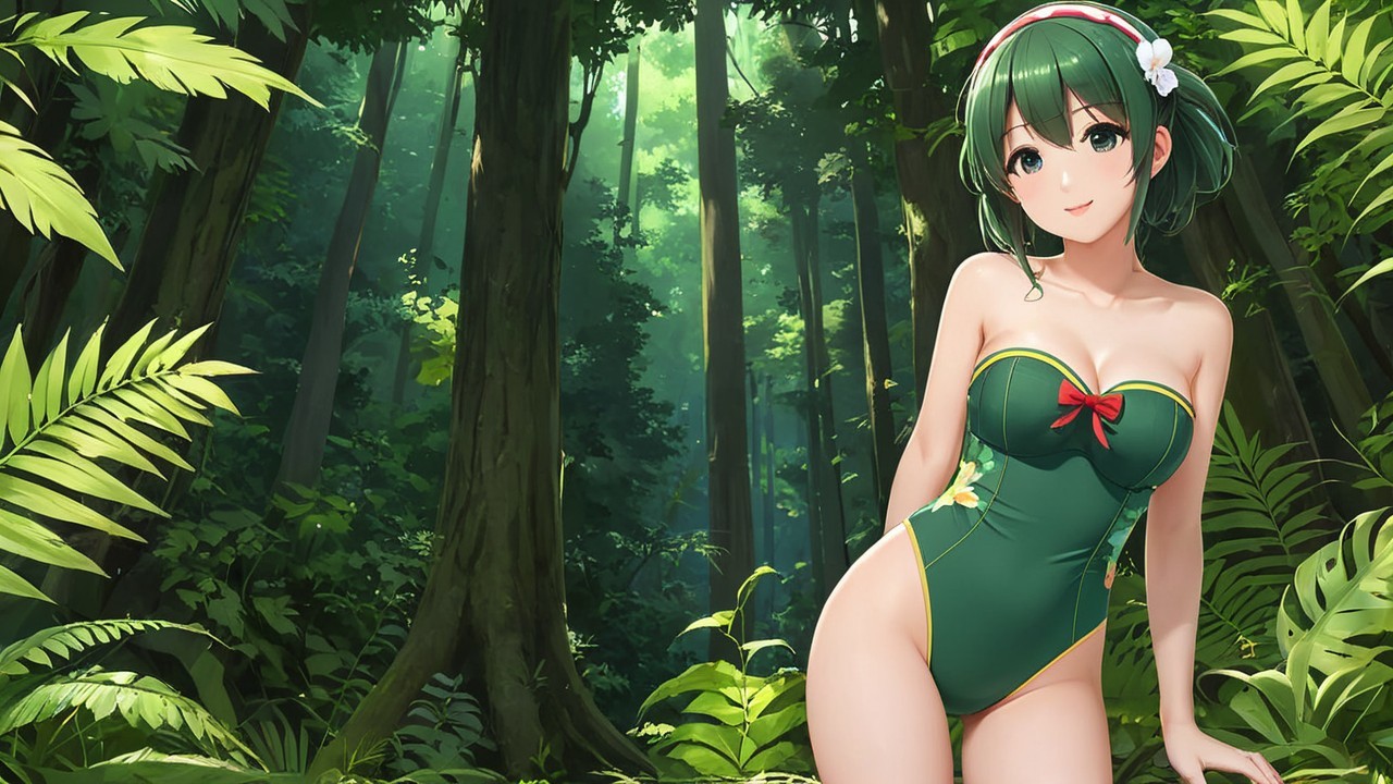 Cheerful character in lush jungle with vibrant foliage