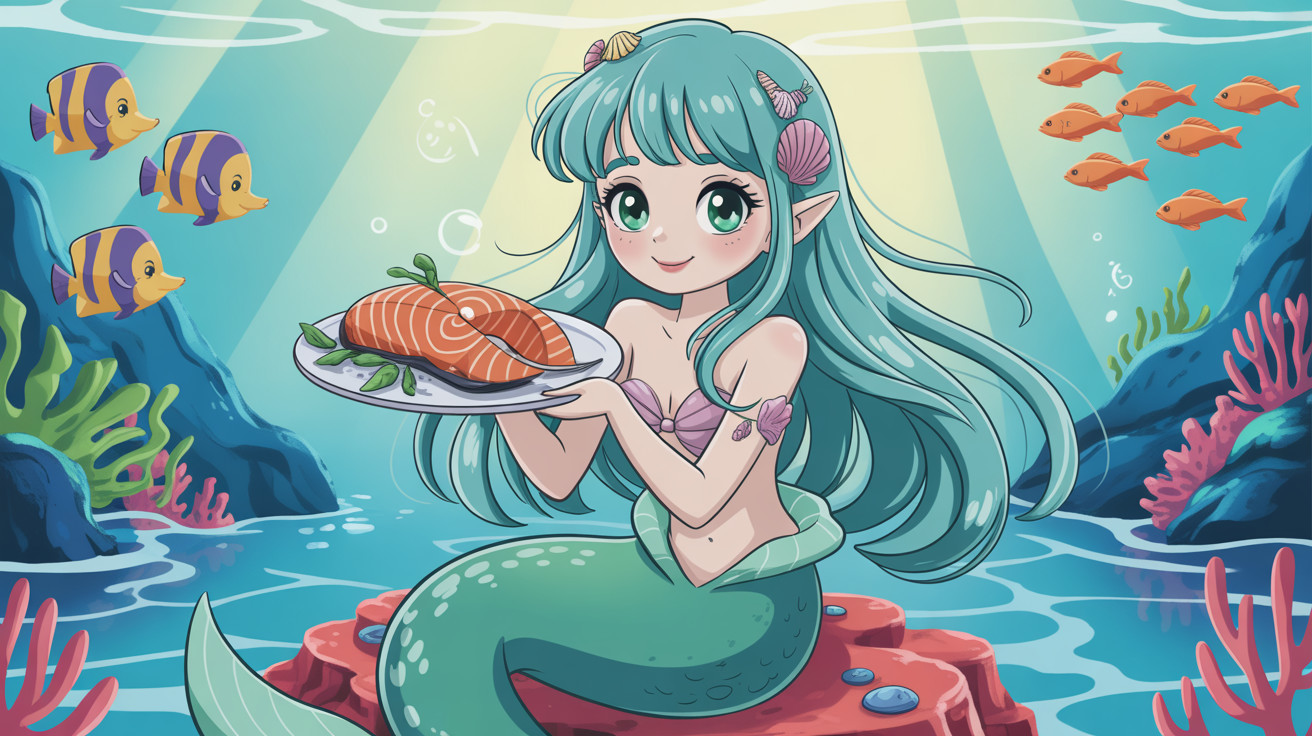 Anime Mermaid with Aqua Hair and Coral Reef Setting