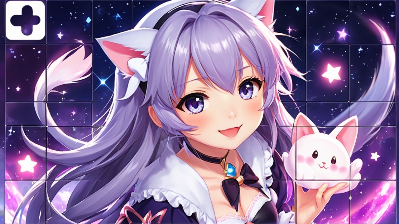 Anime Character with Purple Hair and Bunny in Cosmos