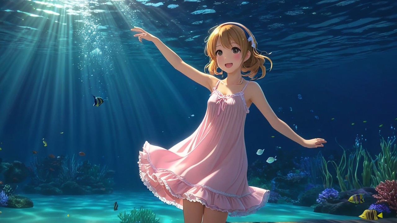 Underwater Dance of a Girl in a Pink Dress