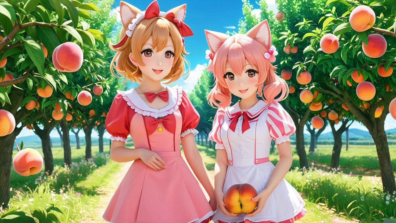 Cheerful Anime Girls in Vibrant Peach Orchard Scene