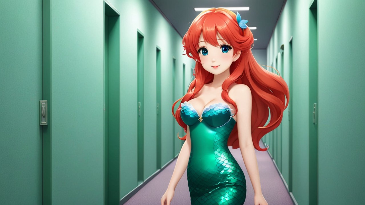 Animated Character in Green Mermaid Dress and Corridor