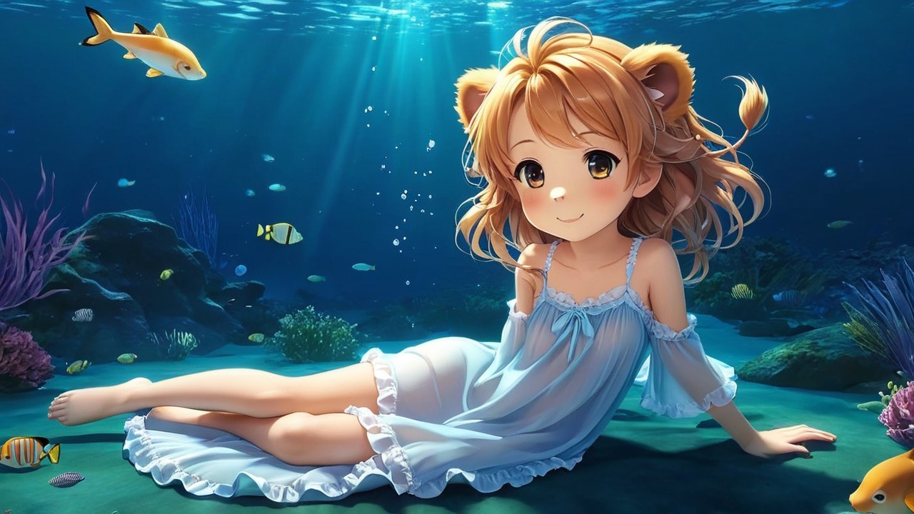 Underwater Scene with Anime Girl and Colorful Marine Life