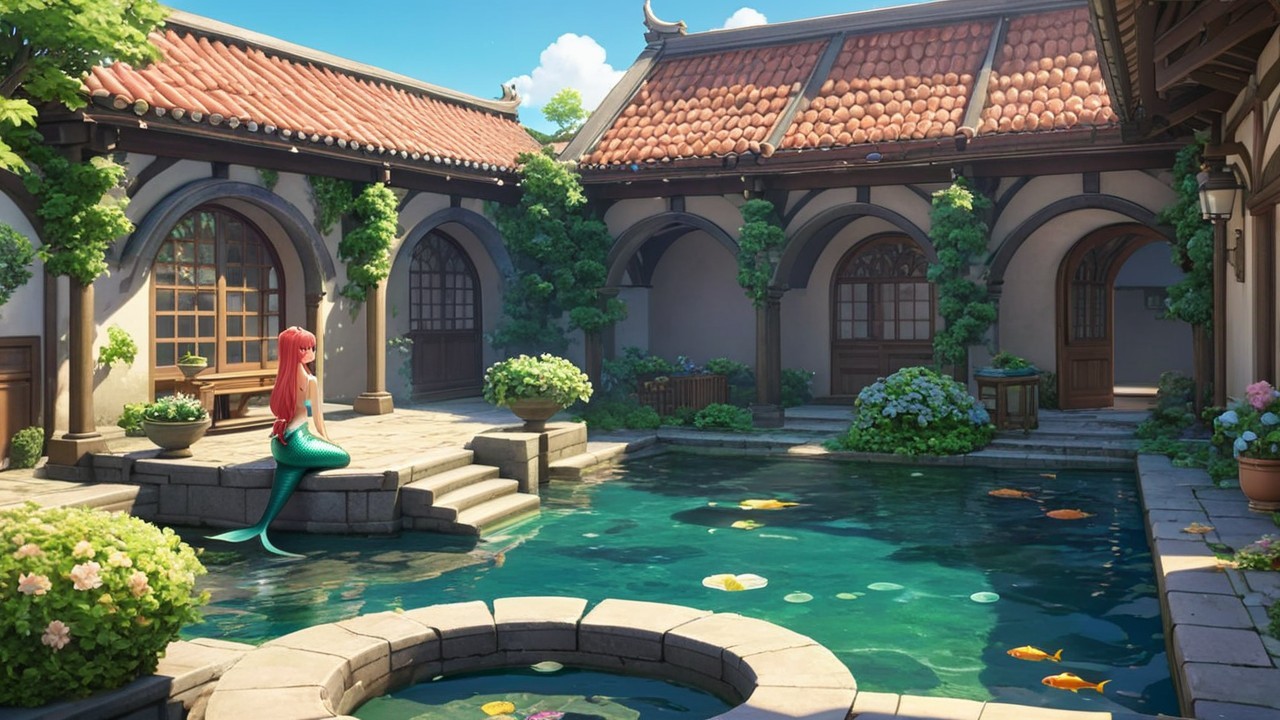 Serene courtyard with koi pond and lush greenery