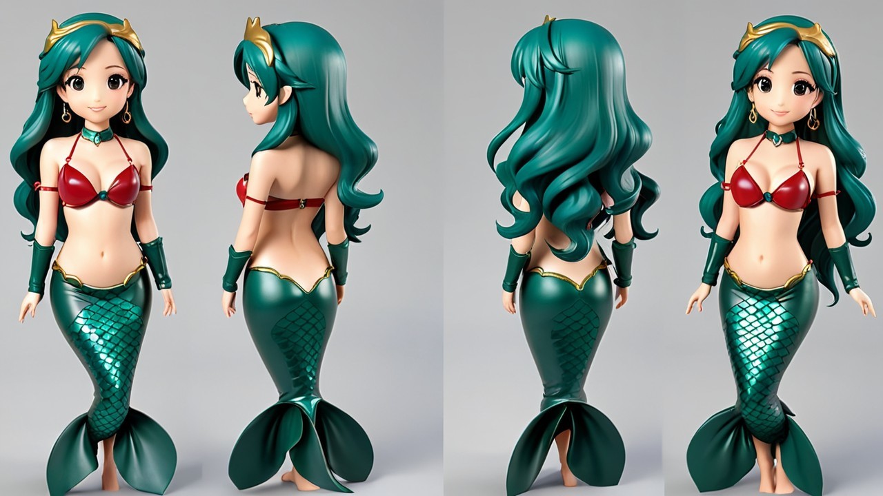 Stylized Mermaid Figurine with Emerald Hair and Tail