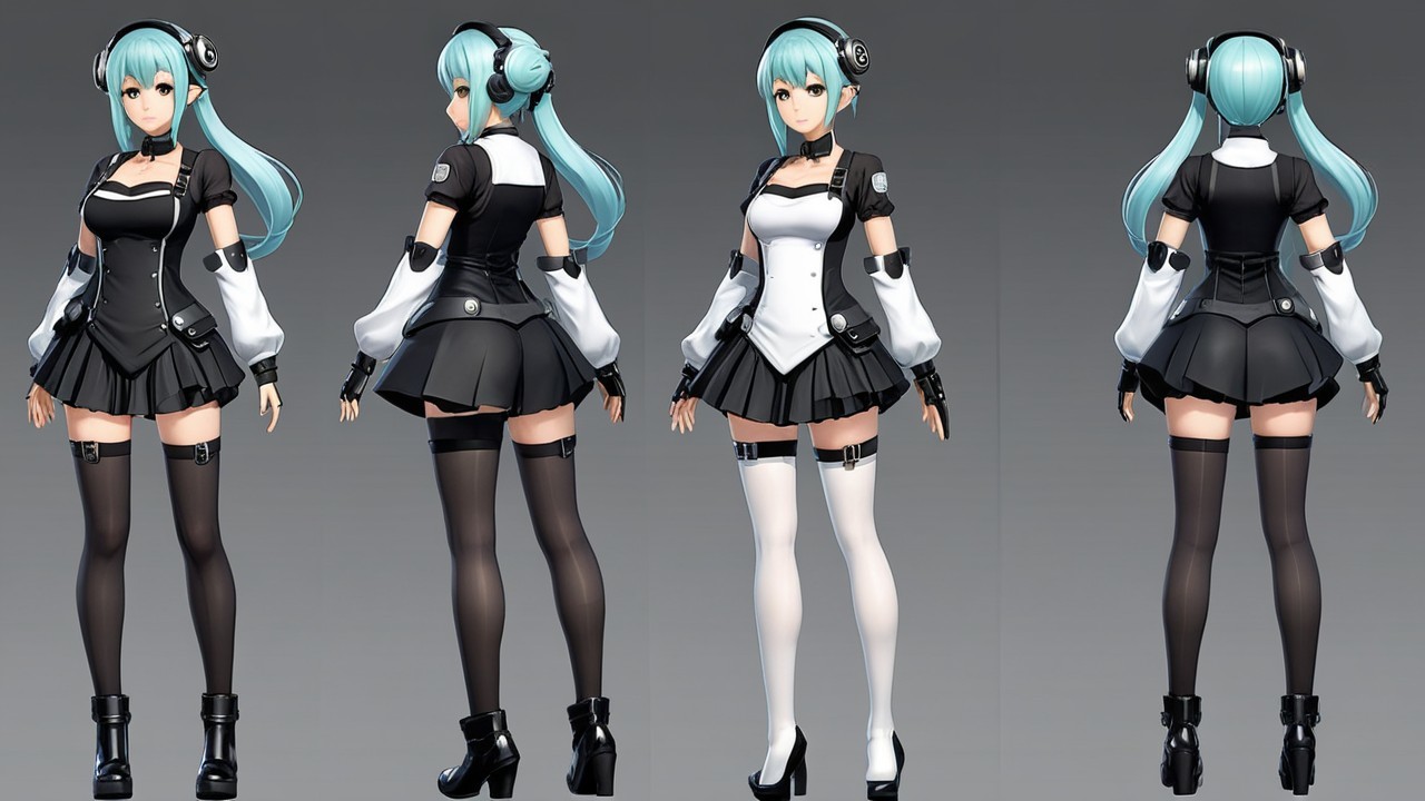 Stylized Female Character Design with Aqua Hair and Fashion