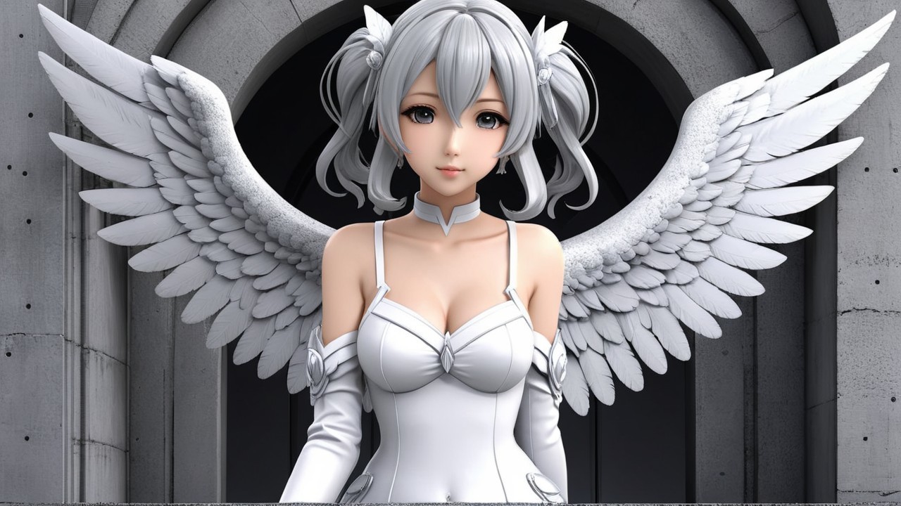 Stylized character with silver hair and white wings
