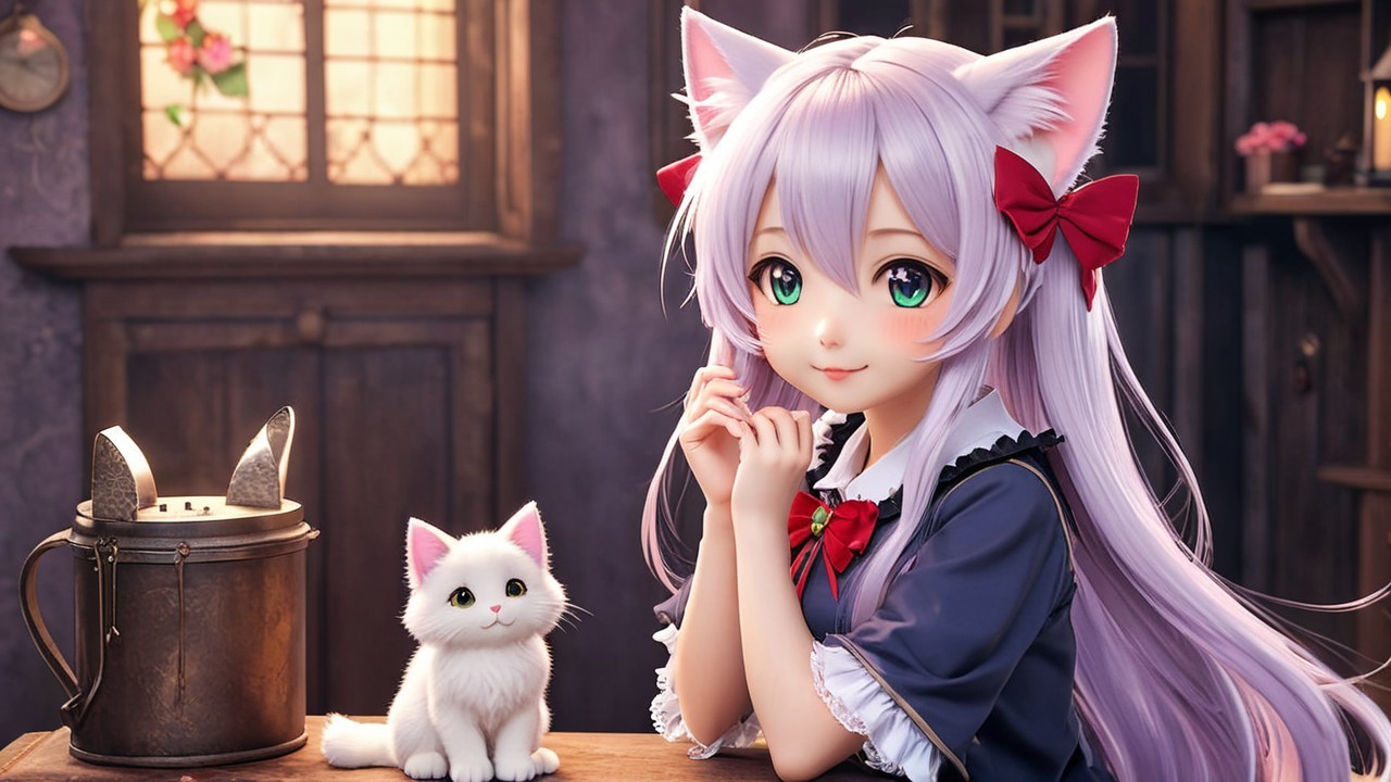Cute anime girl with lavender hair and kitten