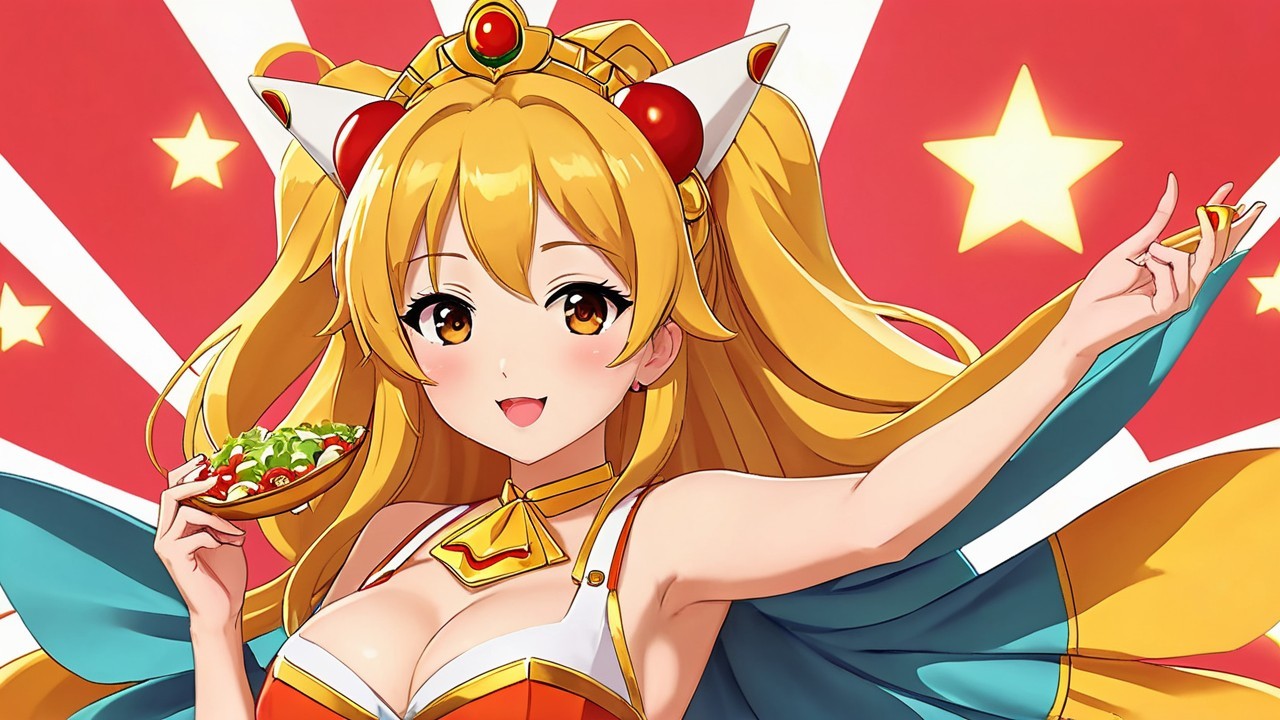 Cheerful animated character with taco and vibrant outfit