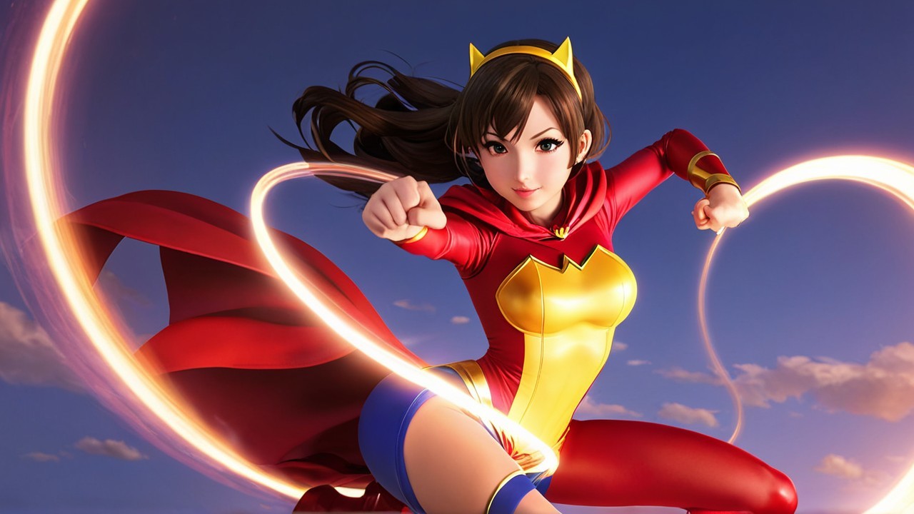 Dynamic Superheroine in Red and Yellow Costume