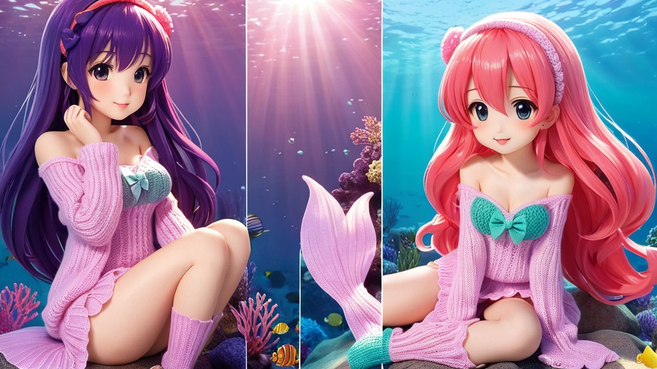 Anime Characters with Mermaid Tails Underwater Scene