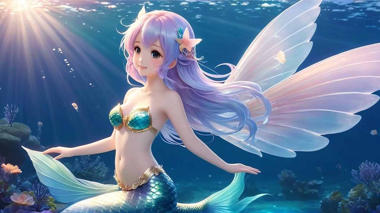Mermaid with Pastel Hair in Vibrant Underwater Scene