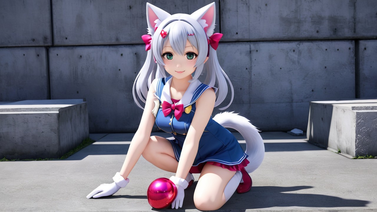 Anime Character with Grey Hair and Cat Ears Kneeling