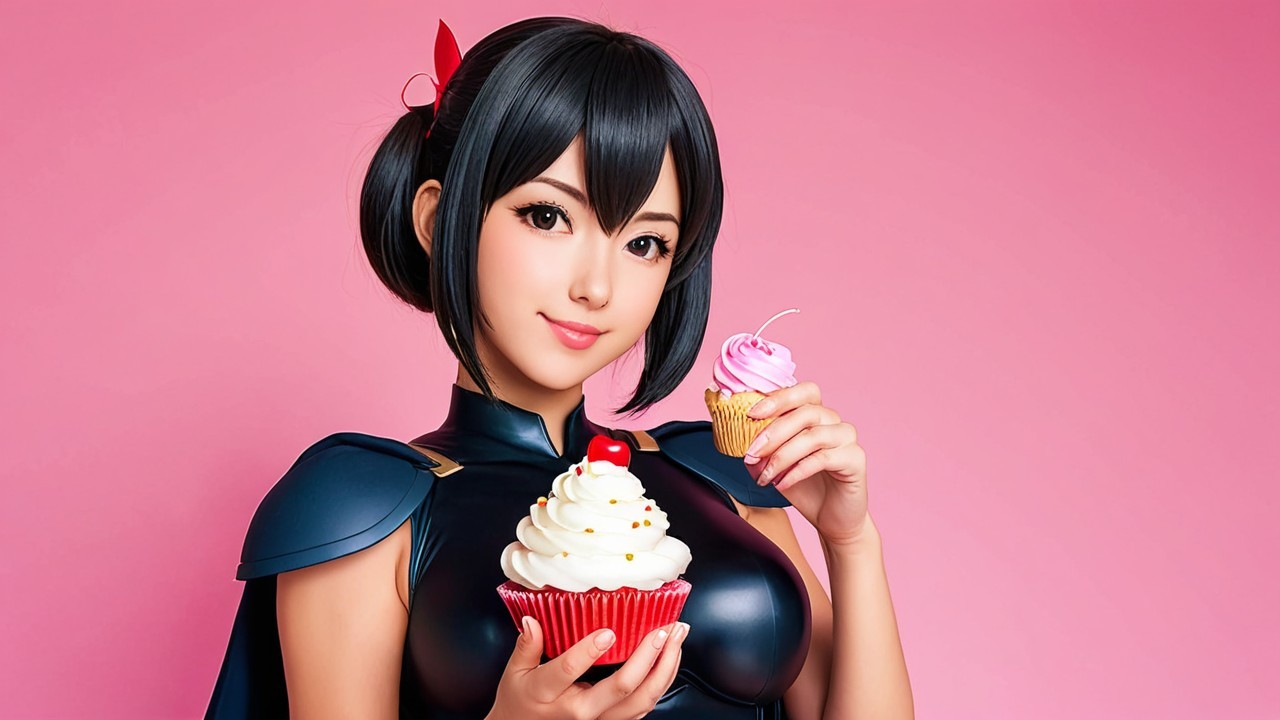 Cheerful character with cupcakes in a pink background