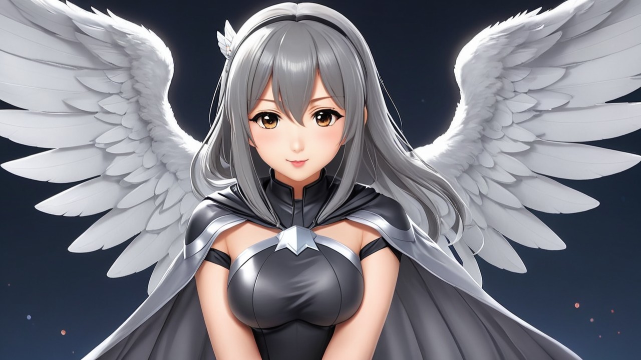 Character with Silver Hair and Elegant Wings in Night Sky