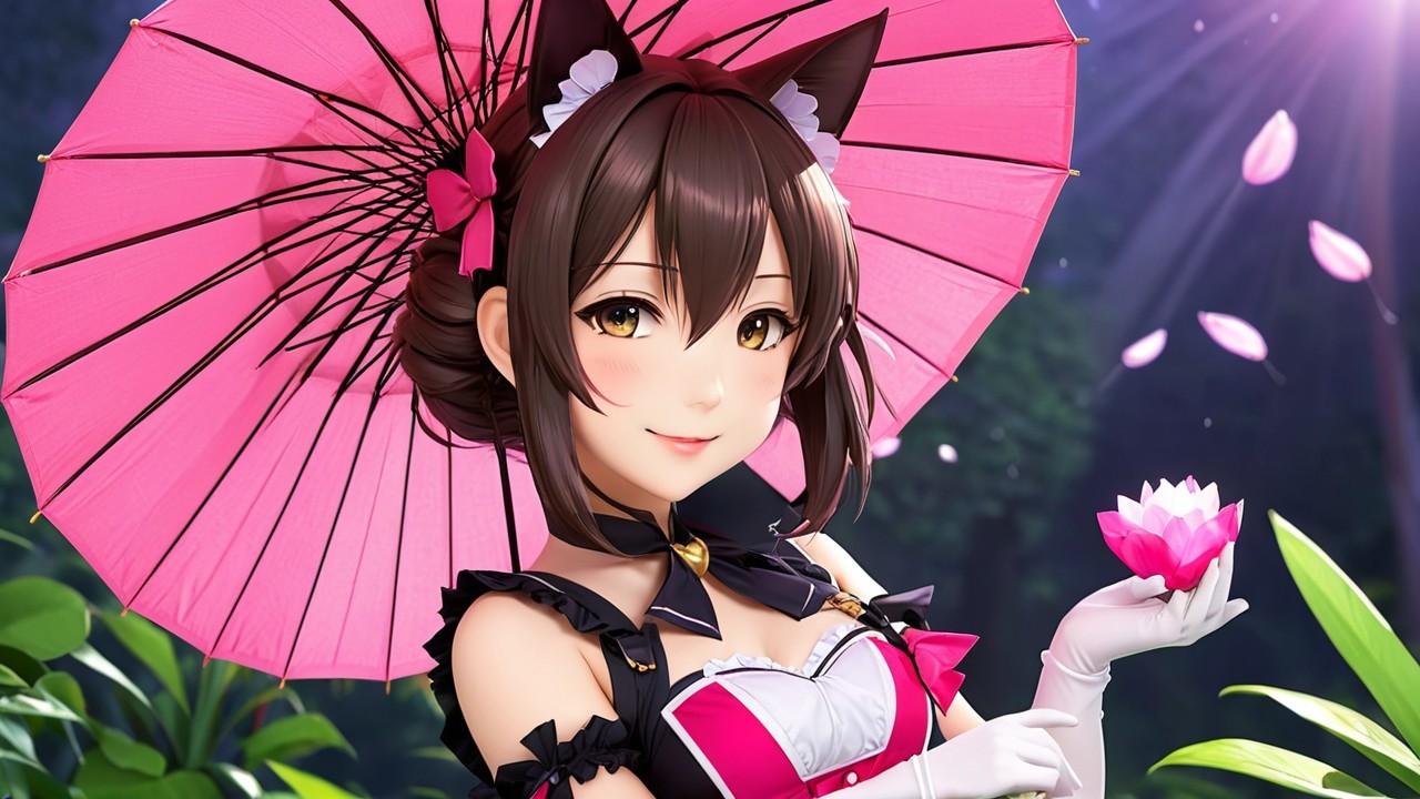 Charming anime character with lotus flower and parasol