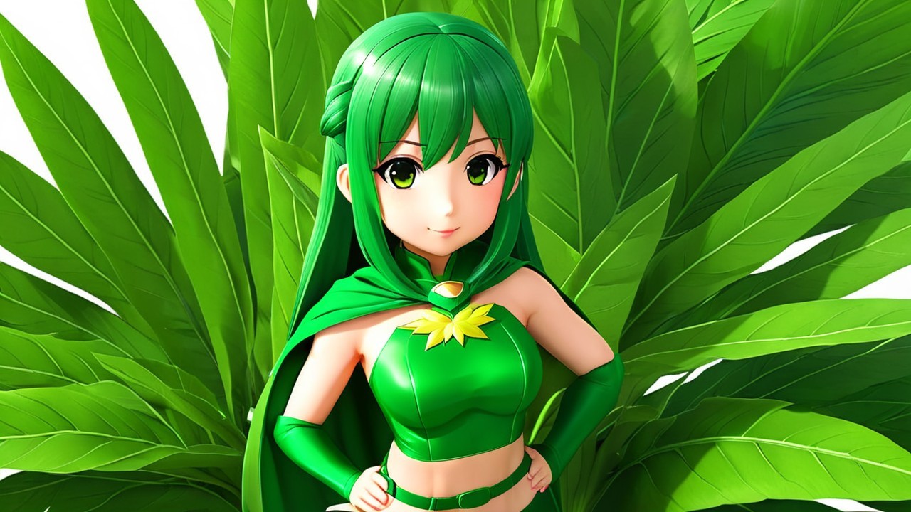 Vibrant Anime Character in Lush Green Foliage