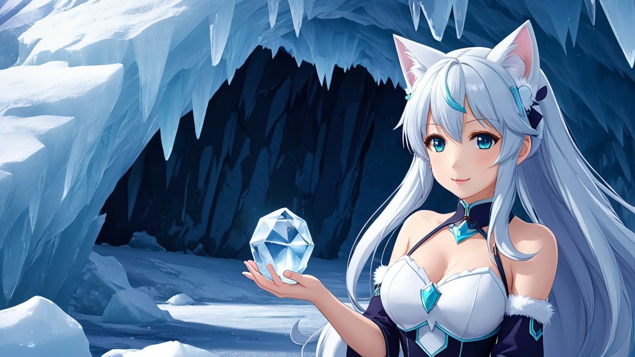 Character in Frosty Cave with Ice Crystal and Fox Ears