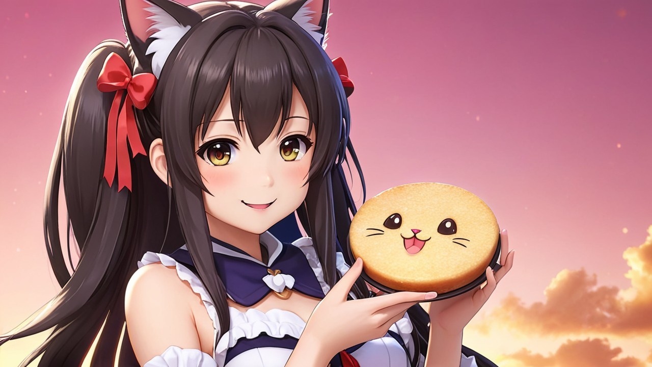 Cheerful girl with cat ears holding a cat-themed cake
