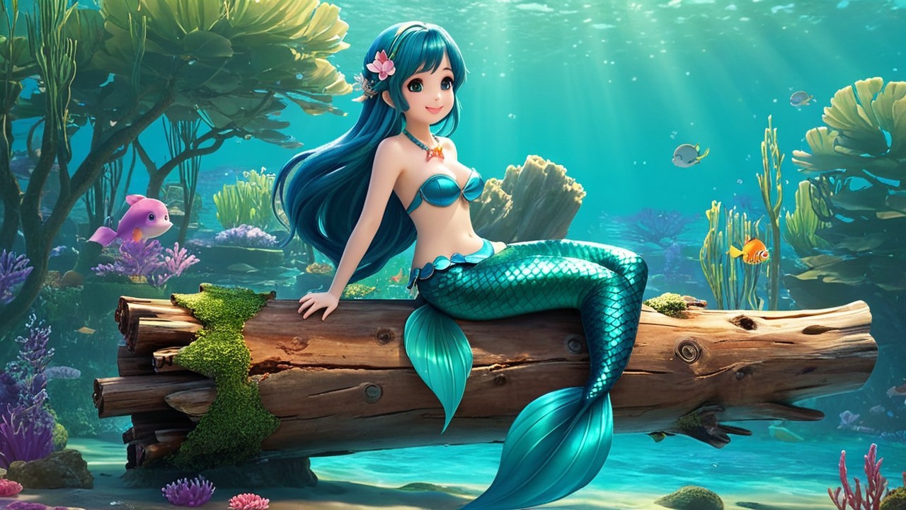 Vibrant Underwater Scene with Whimsical Mermaid