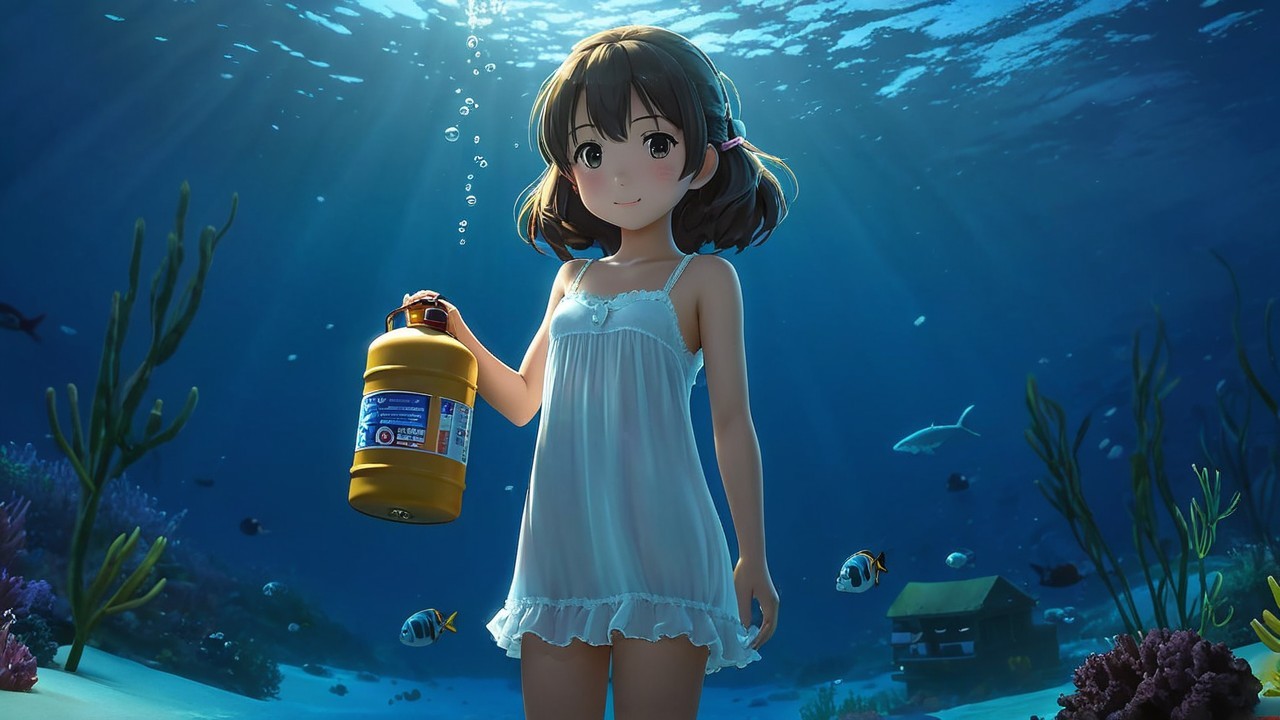 Young girl underwater with marine life and sunlight