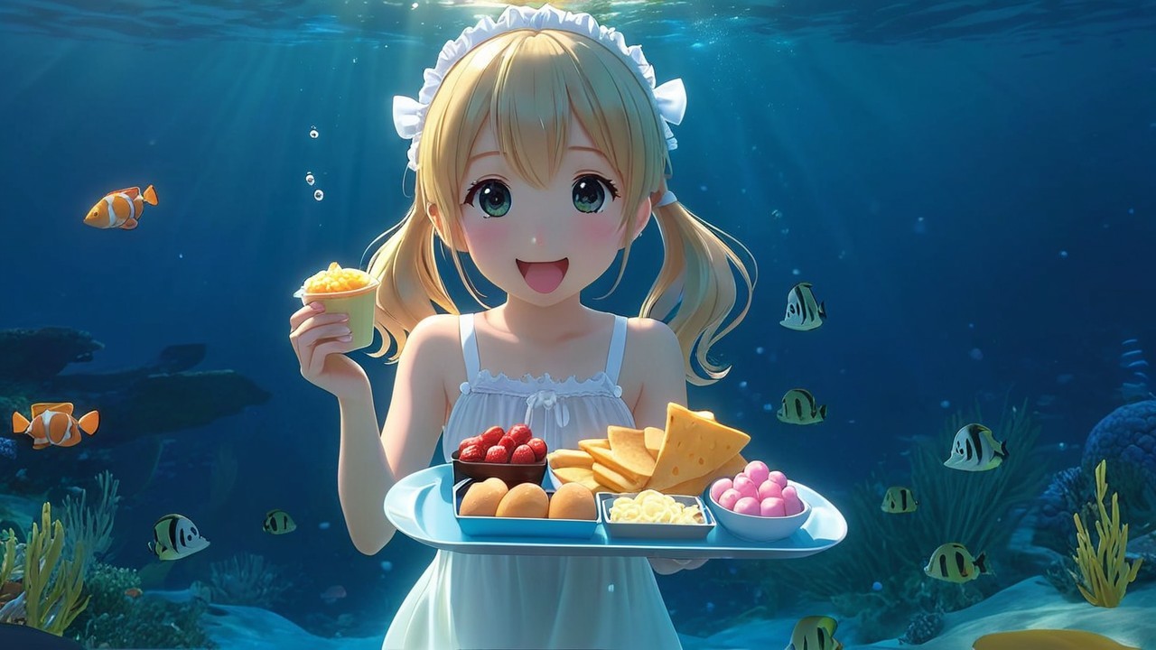 Underwater Scene with Girl and Assorted Snacks