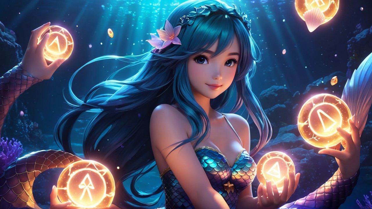 Underwater Scene with Mermaid and Glowing Orbs