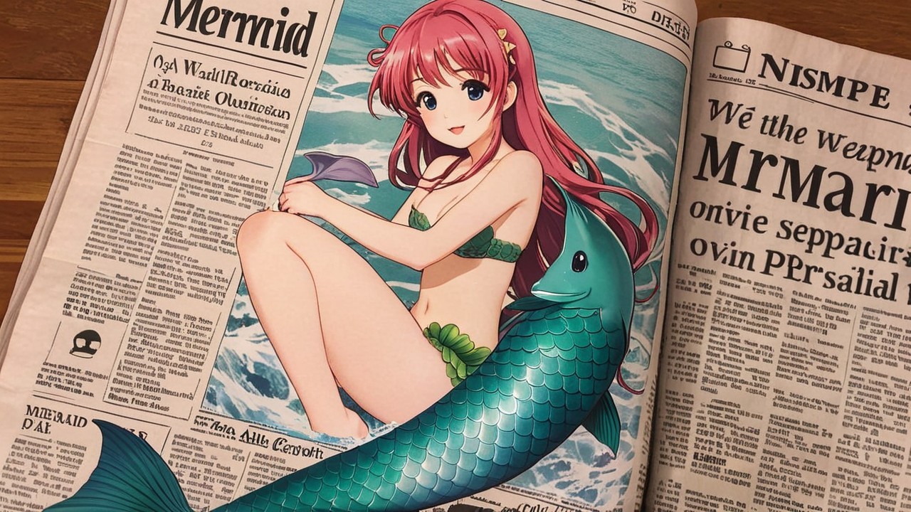 Mermaid Illustration with Newspaper Background Elements