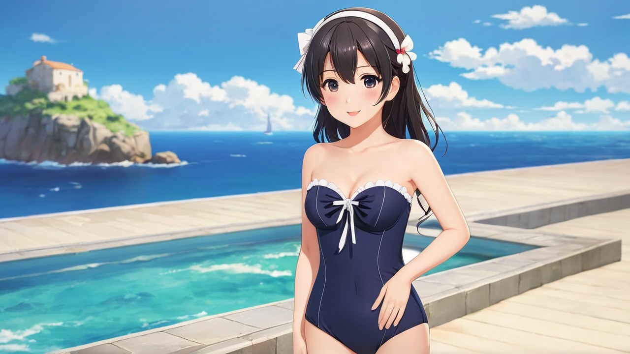 Young woman by pool in navy swimsuit with coastline view