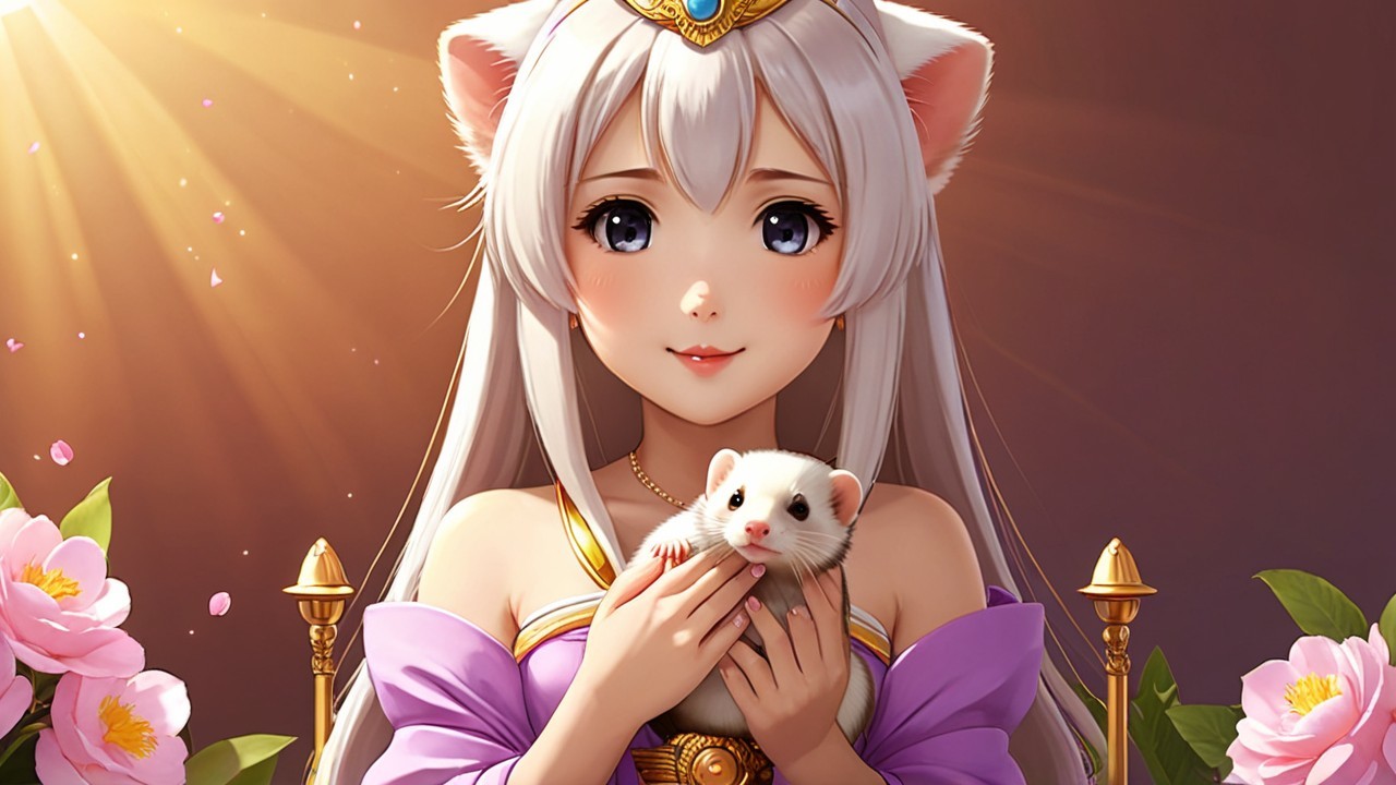 Young girl with cat ears holds ferret in flower garden