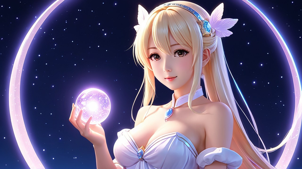 Young woman in white outfit against starry night sky