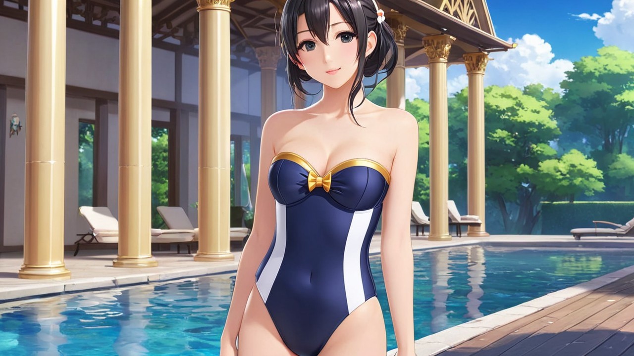 Young Woman in Stylish Swimsuit by Elegant Pool