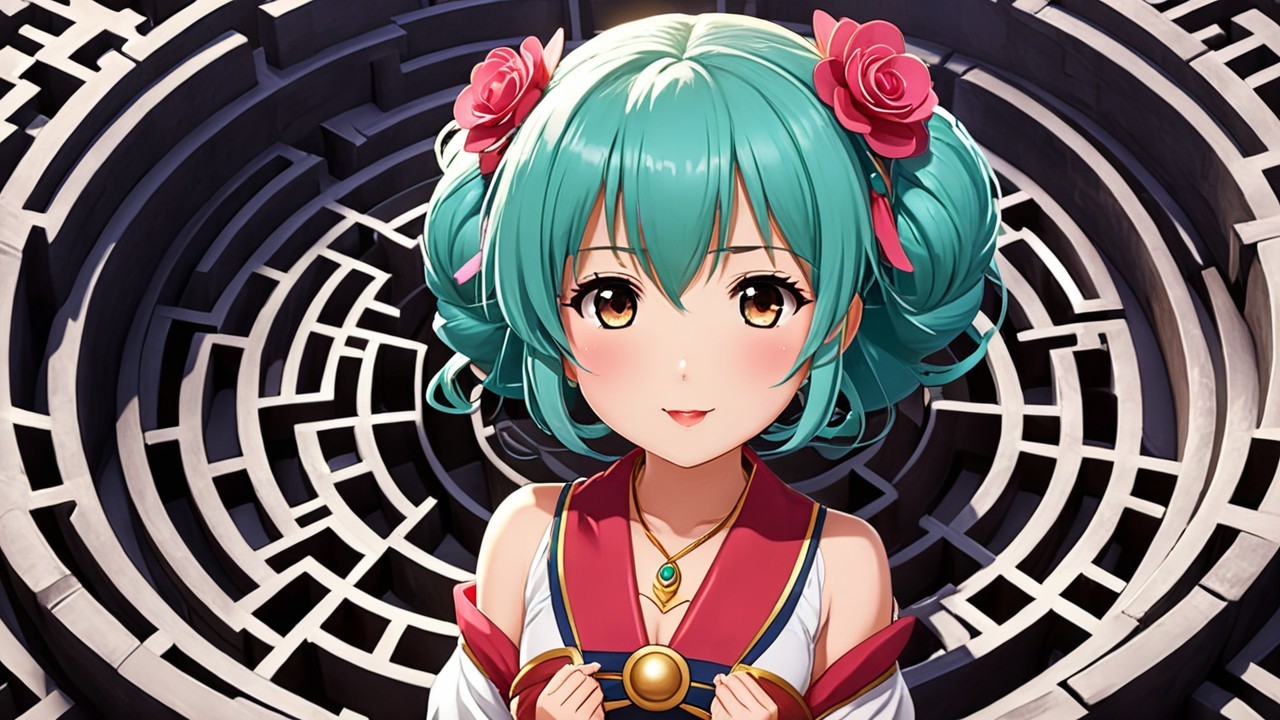 Young girl with turquoise hair in a labyrinth setting